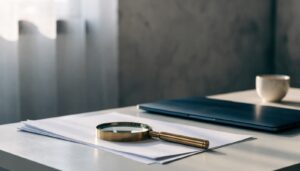 Lupa položená na stohu papierov vedľa notebooku, symbol kontroly Google Ads účtu